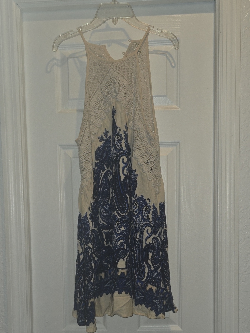 Cream Halter Mini Dress with Navy Paisley Embroidery